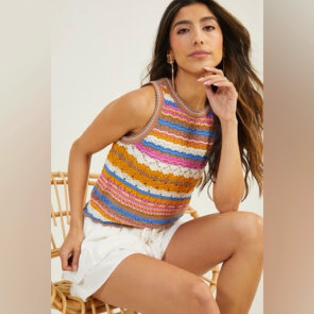 Altar'd State NEW Bailer Colorful Striped Crochet Knit Tank Sweater Top Medium